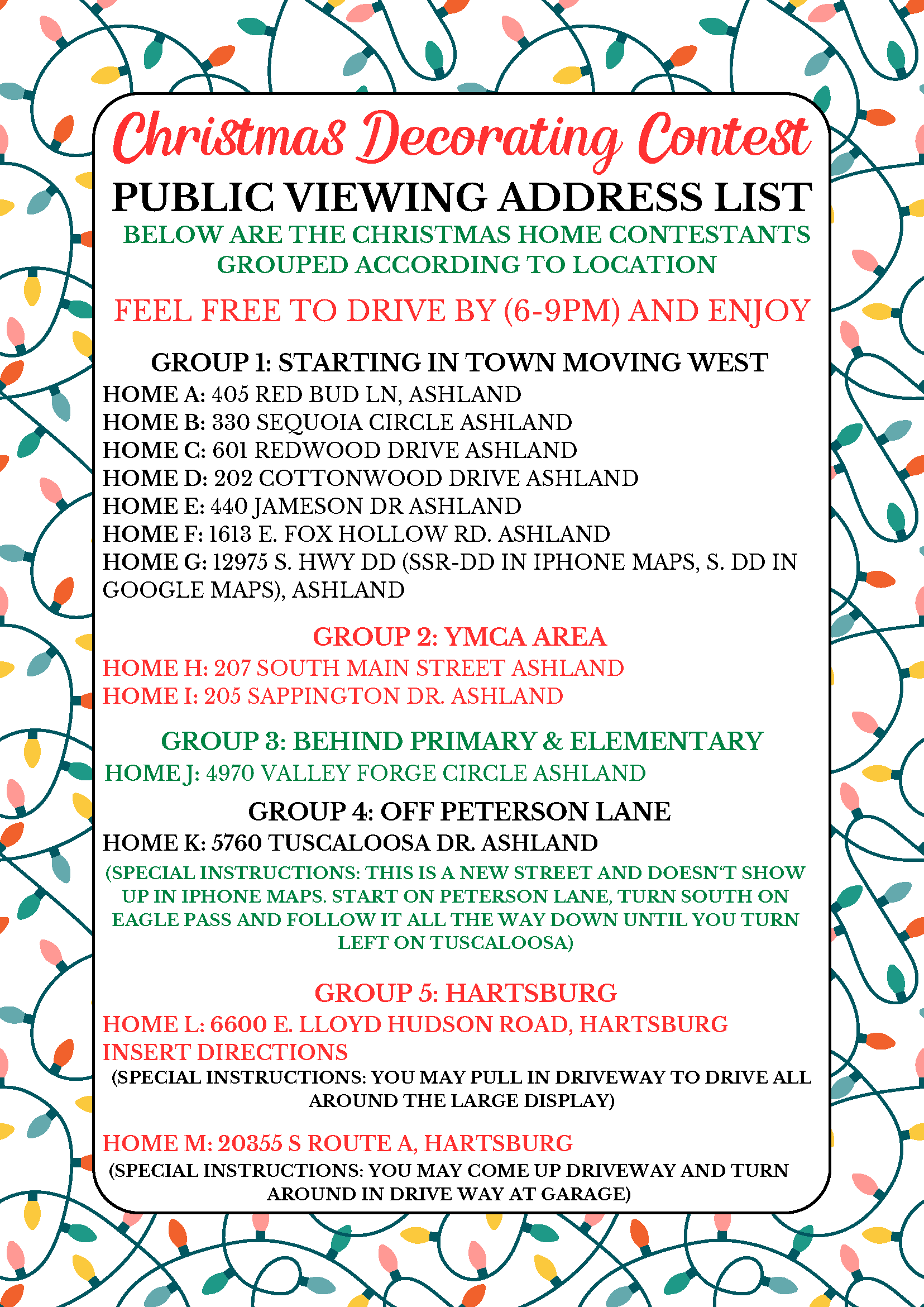 CHRISTMAS DECORATING CONTEST ADDRESS LIST Boone County Journal